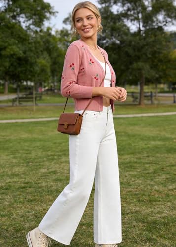 Image of Belle Poque Women's 3 /4 Sleeve V-Neck Button Down Cherries Embroidery Cropped Cardigan Sweater Coat