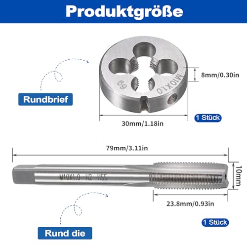 Gewindebohrer M10 X 1, Rechtsgewinde Feingewinde Schneider, HSS Gewindebohrer Schneideisen Metrisch Gewindeschneid und Gewindeschneideisen für Metrische Innen- und Außengewinde (Silber)
