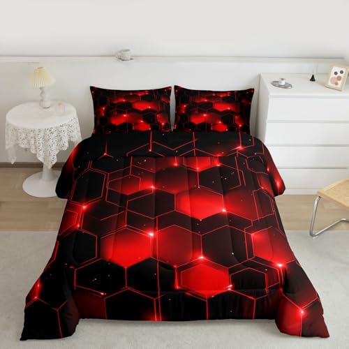 Image of Feelyou Honeycomb Bedding Set Full Size, Beehive Geometric Black Red Comforter Set Geometrical Comforter for Kids Boys Girls Teens Geometric Honeycomb Duvet Set Durable Quilt Set Full Size