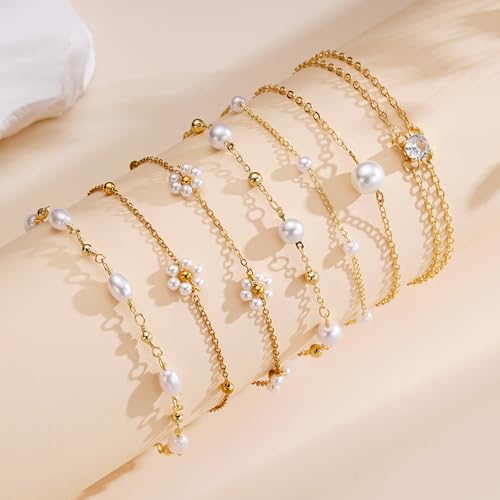Fimhut Pearl Gold Bracelets for Women,14K Gold Plated Bracelets Dainty Pearls Beaded Link Chain Charm Jewelry Layered Non Tarnish Waterproof Jewelry for Women Gifts,Christmas Stocking Stuffers — view 5