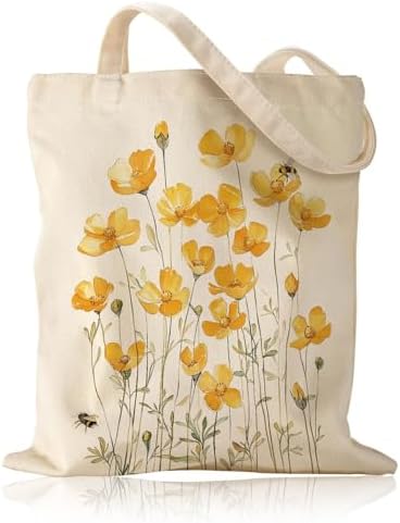 1 Piece Daisy Canvas Tote Bag, Women's Natural Cotton Reusable Sh...