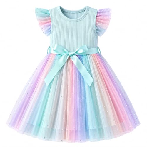 4t Green Dresses for Toddler Baby Girl Summer Holiday Tulle Flutter Sleeve Flower Adorable Girls Dress 4-6 (Green,4T)