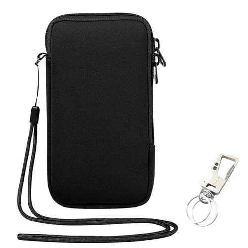 ZhouWei Handytasche für Smartphones, 18.5 x 10 cm Universelle Neopren Handy Tasche, Handy Hülle mit Kordel & Schlüsselanhänger, für iPhone Samsung Galaxy Google Pixel, Schwarz