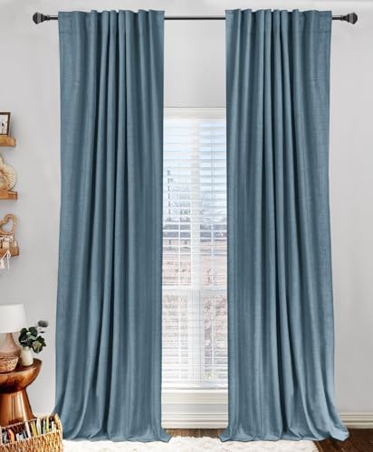 Image of 100% Blackout Shield Linen Blackout Curtains for Bedroom 90 Inches Long, Back Tab /Rod Pocket Living Room Drapes, Thermal Insulated Blackout Curtains 2 Panels Set, 50 inch W x 90 inch L, Stone Blue