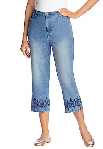Woman Within Women's Plus Size Capri Stretch Jean - 20 W, Light Stonewash Border Embroidery Blue #TOP5
