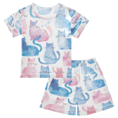 Blue Pink Cat Kids Pjs Set Boys Girls Summer Short-Sleeve Sleepwear Pajamas 2PCS