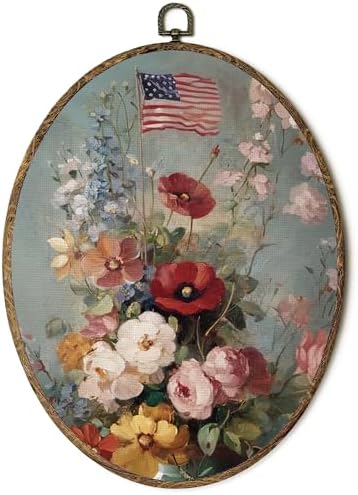 OINDADE 4th of July American Flag Flower Oval Wall Art Decor, Vintage Patriotic Floral Wall Art Hanging Decor, Cottagecore Flower American Flag Framed Canvas Artwork for Living Room, 8.8x11.5in