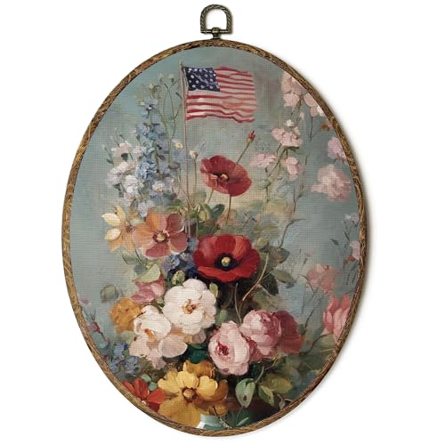 OINDADE 4th of July American Flag Flower Oval Wall Art Decor, Vintage Patriotic Floral Wall Art Hanging Decor, Cottagecore Flower American Flag Framed Canvas Artwork for Living Room, 8.8x11.5in
