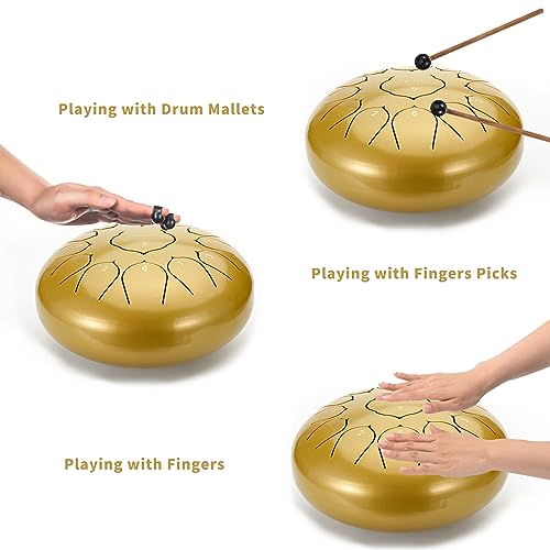 Steel Tongue Drum-13 Note 12 Inch Percussion Instrument Lotus Hand Pan Drum C key with Drum Mallets Carry Bag…