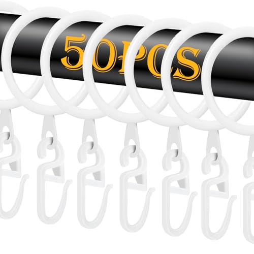 50 Anillos de Cortina de Metal Negro, Anillos de Cortina de Ducha, 50 Unidades, Ganchos de plástico para Cortina de Ventana, Puerta, Cortina de Ducha, 30 mm de diámetro Interior (Blanco)