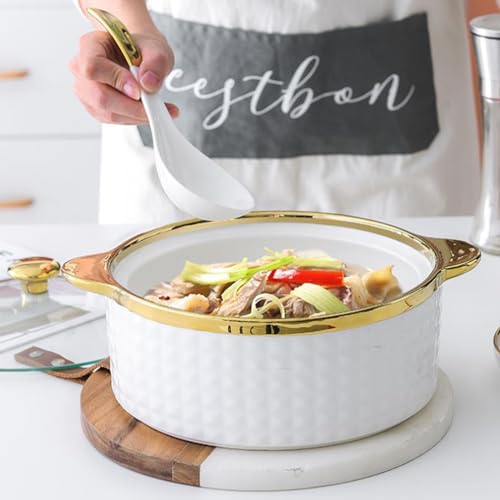 Hgjgwqh Soup Tureen with Glass Lid and Spoon, Large Capacity Ceramic Serving Soup Bowl, Gold Trim Porcelain Serving Soup Bowls with Lid White Round Bowl for Home Kitchen Restaurant Decoration,B - Thumbnail 4