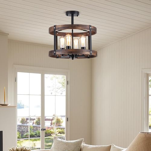 4-Light Large Rustic Farmhouse Flush Mount Ceiling Light Fixture 16.5 inch Oak Wood Round Drum Semi Flush Mount Ceiling Light for Bedroom Hallway Entry Dining Farmhouse Living Room, Black by RKUCSR - Used condition - Image 3