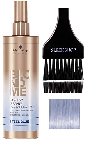 Schwarzkopf Blond Me INSTANT BLUSH BLONDE BEAUTIFIER - Steel Blue (with Sleek Tint Brush) Blonde Me Spray-On Temporary Pastel Tone Color (STEEL BLUE - 8.4 oz)