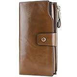 Itslife Women's RFID Blocking Large Capacity Luxury Wax Genuine Leather Clutch Wallet Card Holder Ladies Purse(Khaki RFID Blocking)