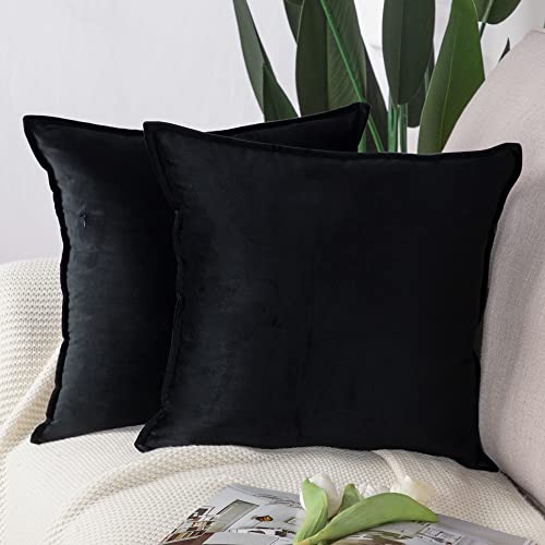 Madizz Pack of 2 Super Soft Velvet Decorative Cushion Covers with Fringe Luxury Style Cushion Case Pillow Shell for Sofa Bedroom Square Black 20x20 inch, 50x50 cm