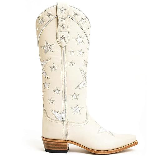Image of YIYA Women's Star Cowboy Boots Black and White Cowgirl Boots with White Stars Pointed Toe Chunky Low Heel Pull-On Wide Calf Western Embroidered Boots