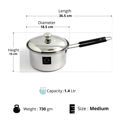 Image of NYRA Stainless Steel Induction Base Flat Bottom Sauce Pan with Lid - Available in 3 Sizes (Medium - 1.4 LTR)
