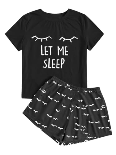 Image of Haloumoning Girls Pyjama Set Short Sleeve Shorts, Black, 12-14 Years