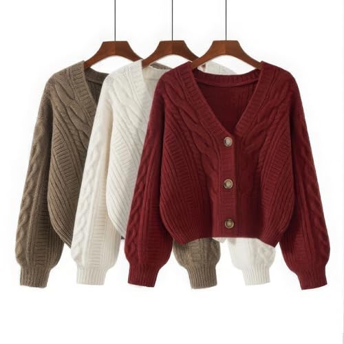 ebossy Women's Lantern Sleeve Twisted Solid Sweater Coat Button Front Cable Knit Crop Cardigan Outwear2