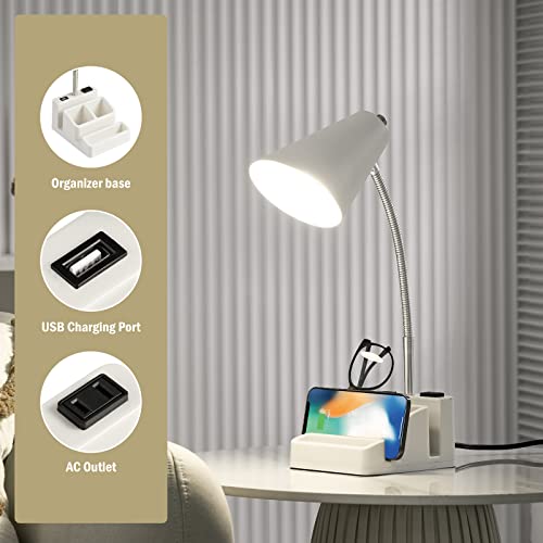 Led Desk Lamp With 1 Usb Charging Port And 1 Ac Outlet, Organizer Base, Adjustable Neck, On/Off Switch, Modern Table Lamp For Reading, Working, Studying, Gentle Warm White Light, Eye Protect #TOP6