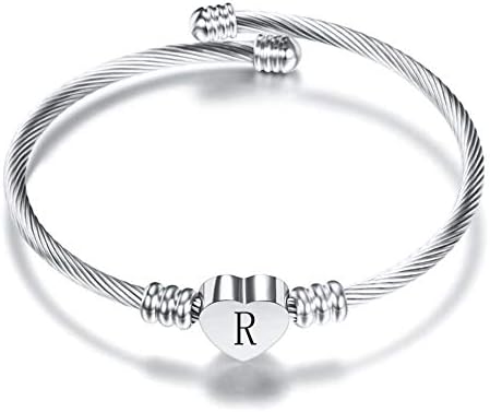SBI Jewelry Initial Letter Cuff Bracelets Silver Heart Bangle Bracelet English Alphabet A-Z Gift for Women Girls Birthday