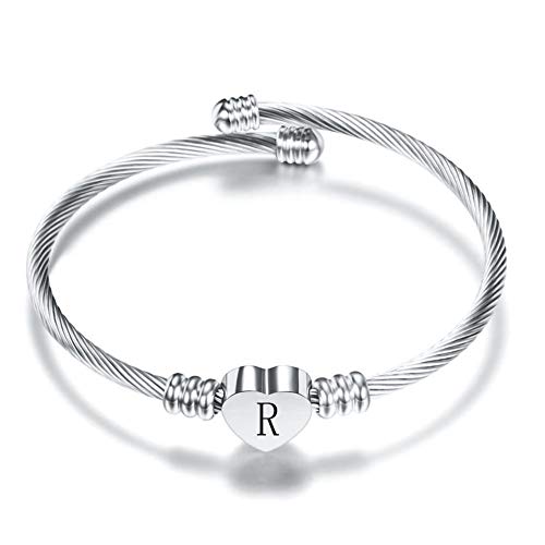Minijewelry Women Silver Letter R Initial Cuff Bracelet With Love Heart Pendant Stainless Steel #TOP10