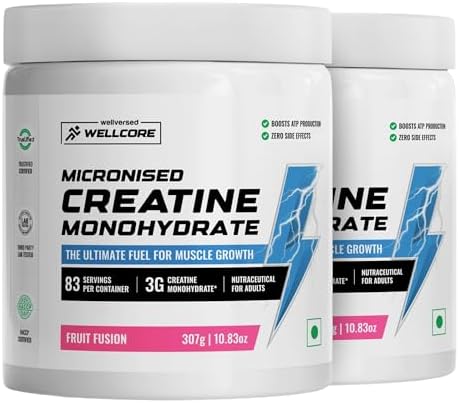Wellcore Pure Micronised Creatine Powder (83 Servings, Fruit Fusion) For Enhanced Muscle Strength With Rapid Absorption | Creatine Monohydrate | Wellcore Creatine Flavoured - 307g (Pack of 2)