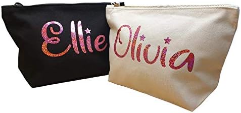 Personalised Name Make up Bag Accessory Wash In Black or Natural Colour with a choice of glitter AND Metallic prints