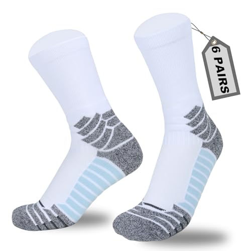 OUJIAOLEI Basketball Socks 6-Pack for Men & Women, Cushioned Crew-Length Athletic Socks with Moisture Wicking, Ideal for Gym Running Sports (White)