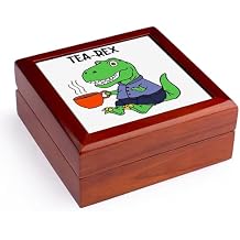 3dRose, Funny Green T-rex Dinosaur Drinking Hot Tea Tea-Rex Pun, Jewelry Box 5.5x5.5 inch with 4 inch tile