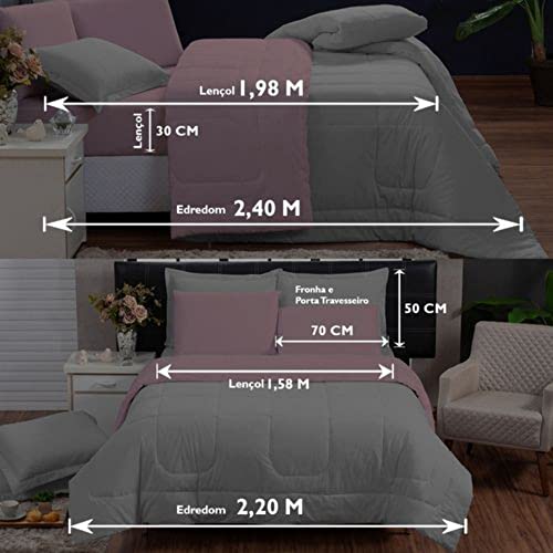 Kit Edredom Queen Jogo de Cama 100% Algodão 200 fios (Cinza e Rosa)