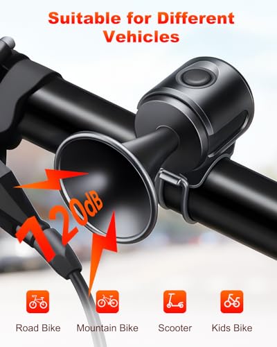 Onvian Electric Bike Horn, 120db Bicycle Horn for 22.2-32mm Handlebars, Electronic Bike Bell with 3V Battery Operated, IPX4 Waterproof Bike Horn for Adults Kids Bike, Scooter, Ebike, Easy Installation