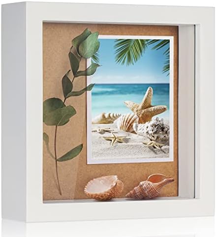 TJ.MOREE Shadow Box Frame 5 x 5 Shadowbox Display Case Wooden Picture Frame with Glass Wedding Memorabilia Medals Photos for Wall and Tabletop - White