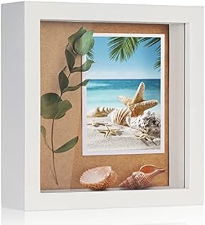 TJ.MOREE Shadow Box Frame 5 x 5 Shadowbox Display Case Wooden Picture Frame with Glass Wedding Memorabilia Medals Photos for Wall and Tabletop - White
