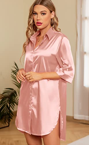 Samring Women's Nightshirt 3/4 Sleeve Button Down Nightgown V-Neck Silk Satin Sleepshirt Pajama Dress Rose Gold Xl #TOP2