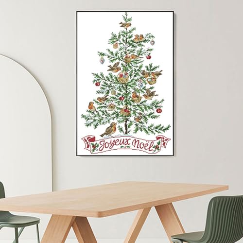 Image of Rosyfoxes Cross Stitch Kits Stamped Full Range of Embroidery Starter Kits for Adult DIY 14CT 2 Strands -Printed kit The Christmas Tree with Birds (Printed) 18.1x25.2inches