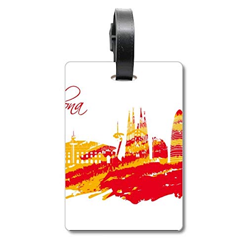 Étiquette pour valise silhouette de ville jaune rouge, idéale pour vos vacances
