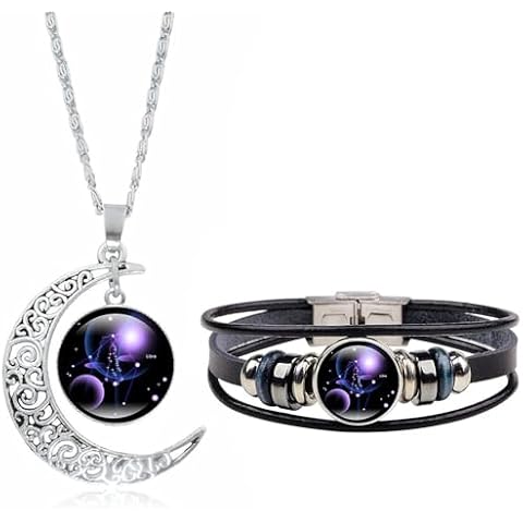 Dcfywl731 Libra Zodiac Necklace Bracelet Set for Women Men 12 Constellation Moon Pendant Necklace Handmade Woven Zodiac Sign Wrap Bracelet Jewelry Gifts for Birthday Christmas Cover