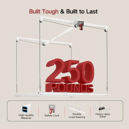 KOKORACKER Elevador de almacenamiento de techo de 4 x 4 pies, sistema de almacenamiento de garaje montado de alta resistencia, capacidad de 250 libras (blanco) - imagen 5