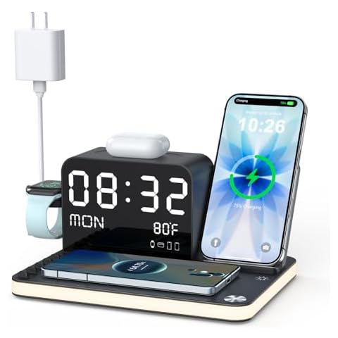 7-in-1 Wireless Charging Station for Multiple Devices, Wireless Charger with Night Light, Bluetooth Time Sync & Temperature, for iPhone 17/16/15/14/13 Pro Max, Android Phones, AirPods & Apple Watch Cover