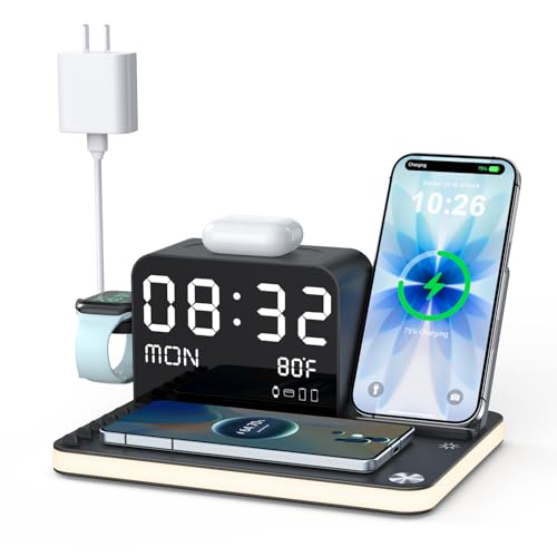 Image of 7-in-1 Wireless Charging Station for Multiple Devices, Wireless Charger with Night Light, Bluetooth Time Sync & Temperature, for iPhone 17/16/15/14/13 Pro Max, Android Phones, AirPods & Apple Watch
