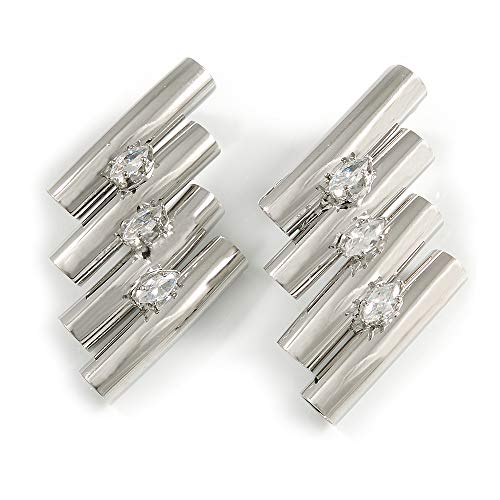 Unique Silver Tone Clear Crystal Tunnel Stud Earrings - 45mm