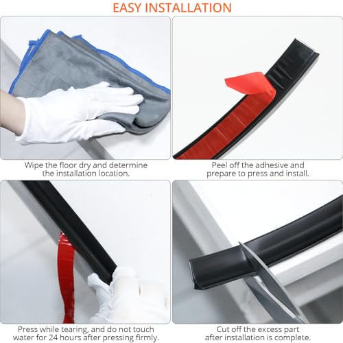 QWORK® Dusche Schwallschutzleiste, 200CM Duschschwelle für Rahmenlose Duschtür, Schwarz Silikon Wasserstopper Schutzleiste, für Badezimmern, Küchen