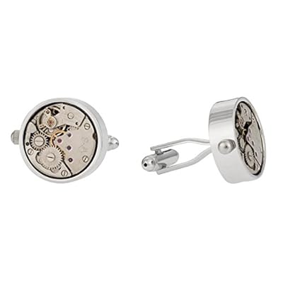 Working Watch Movement Steampunk Cufflinks with Glass Cover - Functional Silver Clock Skeleton Cufflinks Travel Box in with Presentation Box
