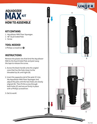 Image of Unger Professional AquaDozer Max Kit, 36 inch Smooth Surface Curved Floor Squeegee and 48 inch Dual End Pole, Rubber Blade Scrubber and Broom for Concrete, Asphalt, and Tough Cleaning Jobs