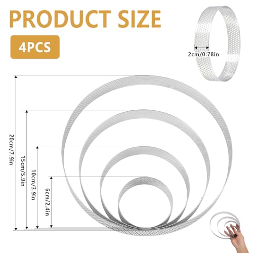 Set of 4 Perforated Tart Rings, Stainless Steel Non-Stick Round Biscuit Moulds for Tarts, Crumpets, Desserts, Cakes, Pies & Pastries (6/10/15/20CM) - Image 2