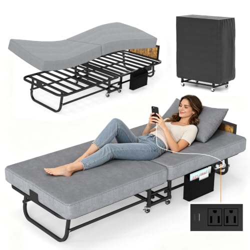 Viekoet Rollaway Bed with Mattress and Headboard & Charging Station, Folding Guest Bed with Side Storage Pocket, Portable Foldable Bed with Wheels,Sturdy Metal Frame-75" x 31"