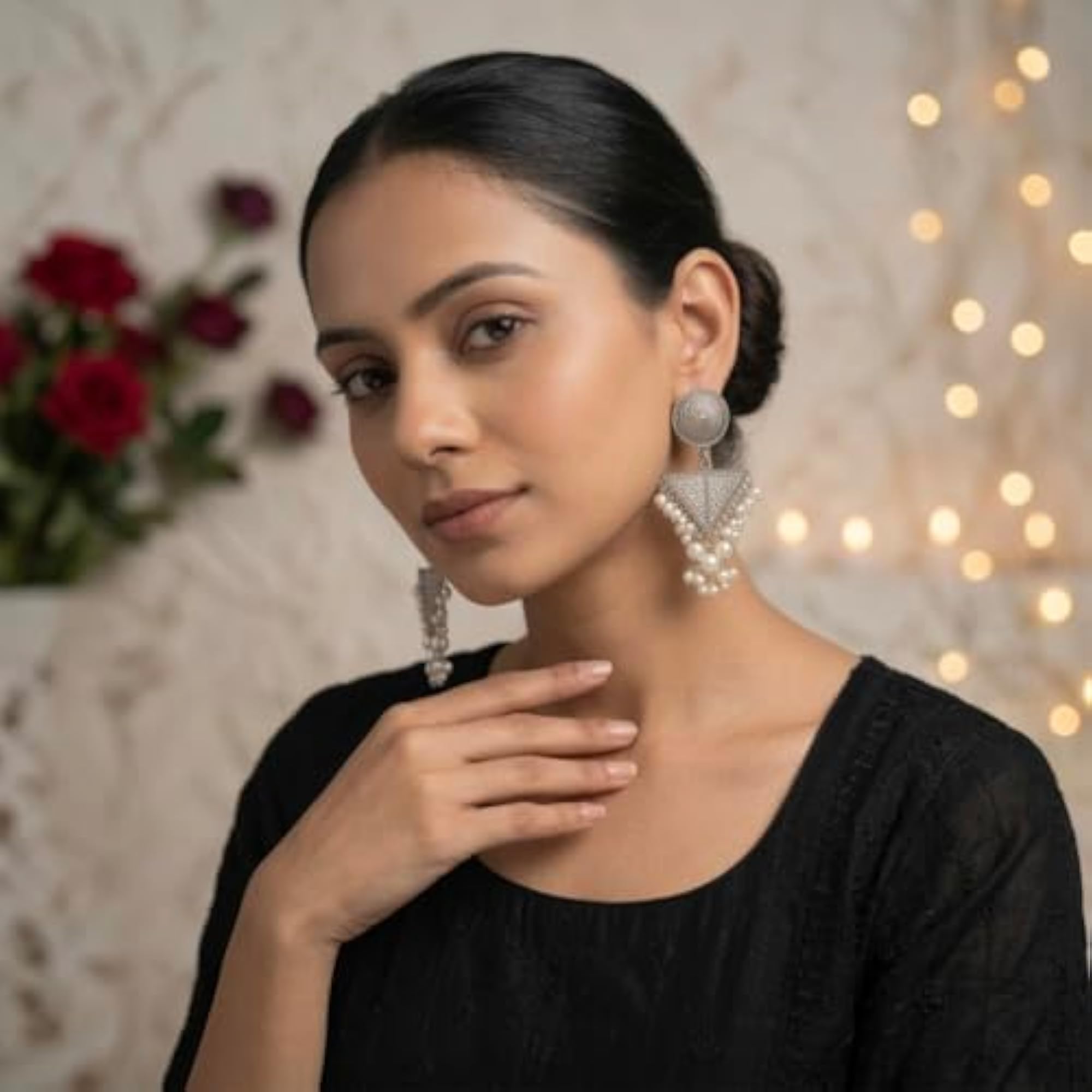 Oxidised Statement Drop Earrings with Pearl Dangles