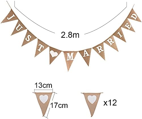 MEJOSER Just Married Bunting Banner with Love Heart Bunting 3Pcs Vintage Burlap Wedding Party Hanging Garlands Flag Romantic Decoration for Wedding Bridal Shower Engagement