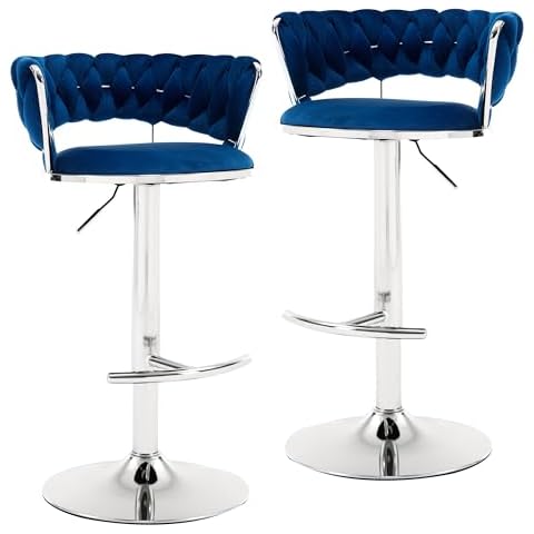 Lierpit Swivel Velvet Bar Stools,Set of 2-Modern Adjustable Bar Chairs with Woven Backrest&Silver Base,Perfect for Kitchen Islands,Bars,and Cafes,Navy Cover